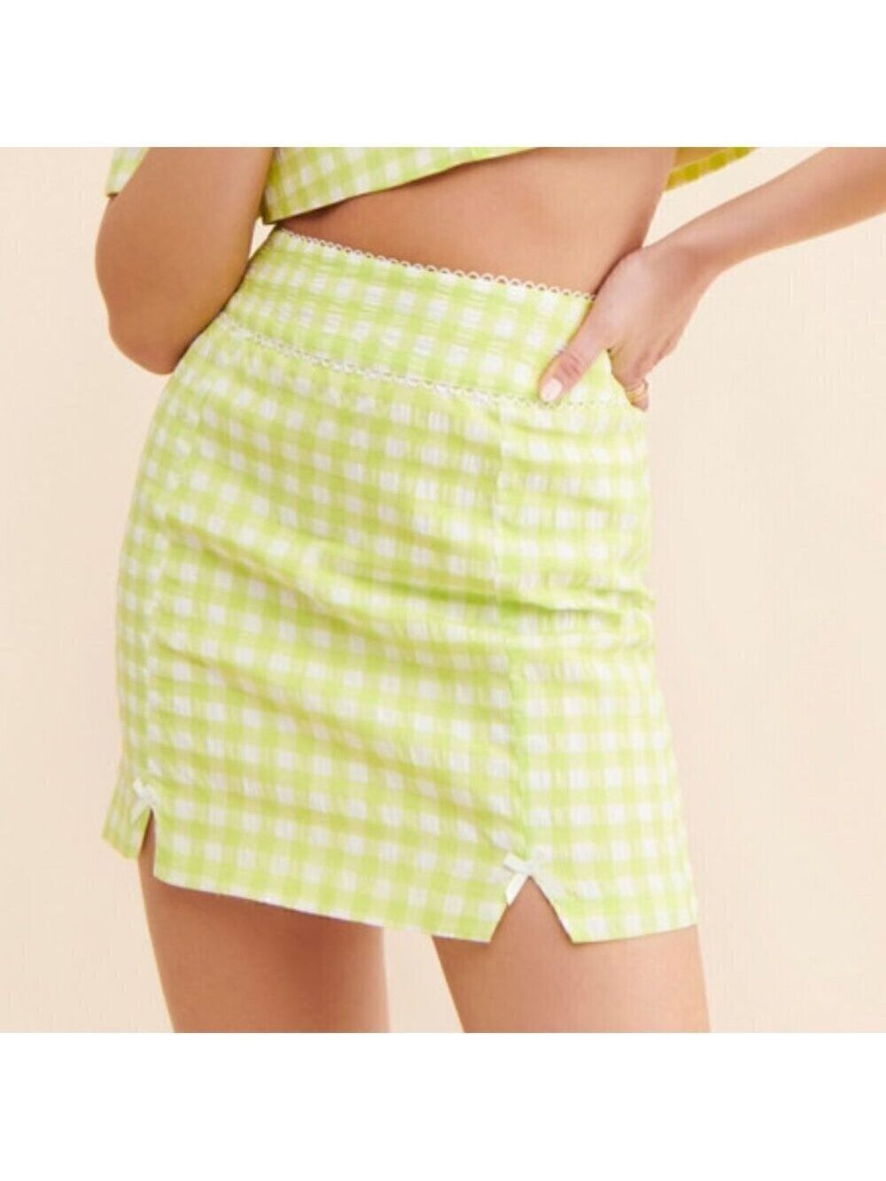 For Love and Lemons Green and White Maureen Gingham Mini Skirt w Bows Size Large